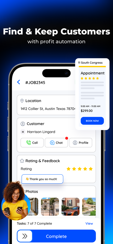 fieldd - Interfaccia dell'app mobile Fieldd che mostra i dettagli del lavoro e le funzionalità di prenotazione del cliente