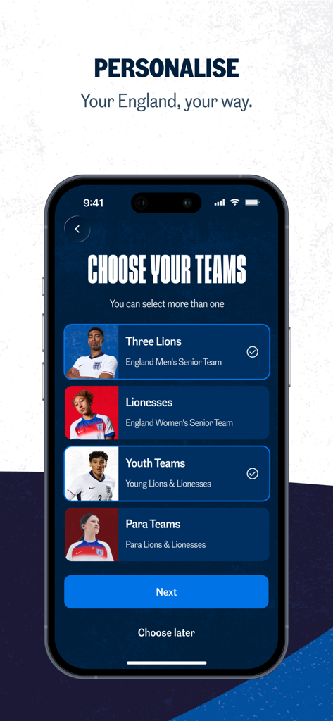The Official England App - Pantalla de la aplicación móvil que muestra opciones de personalización para seleccionar equipos de fútbol de Inglaterra, incluidos Tres Leones, Leonas y equipos juveniles