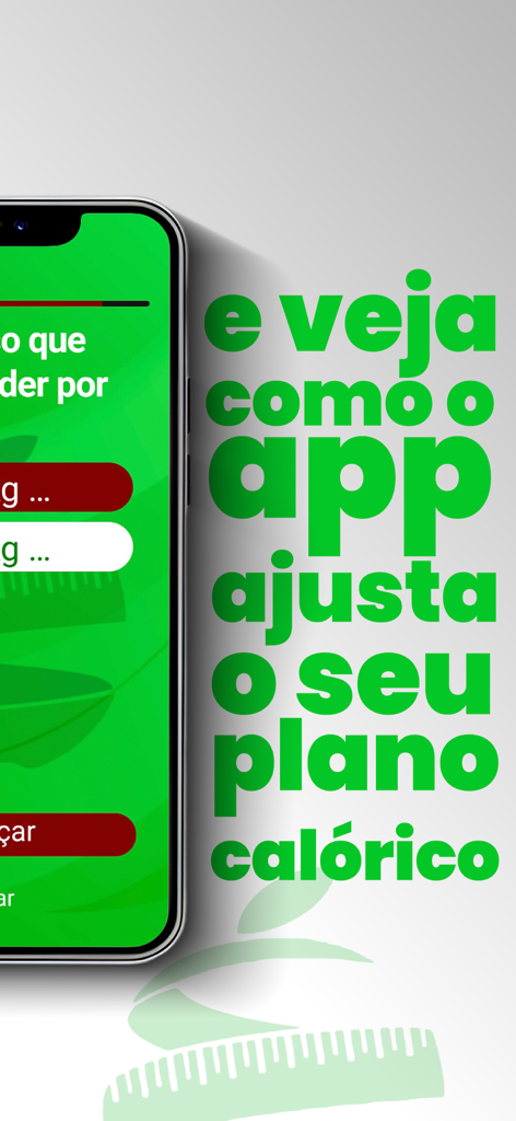 Emagrece Fácil - Smartphone screen showing the Emagrece Facil app interface with Portuguese text about adjusting the calorie plan