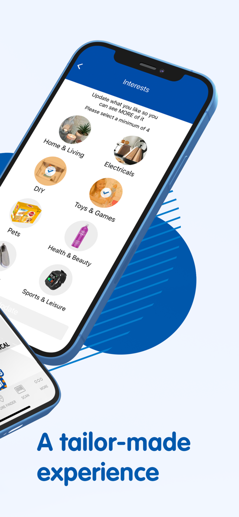Selection screen in the B and M Stores app for choosing shopping interests like home and living or toys to customize the user experience