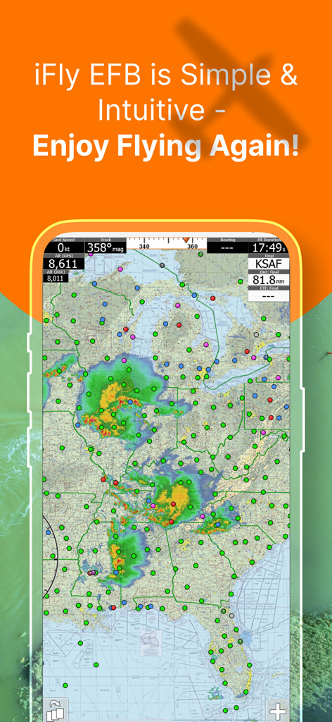 iFly EFB - iFly EFB app interface showing a US flight navigation map with weather radar overlays and flight data.