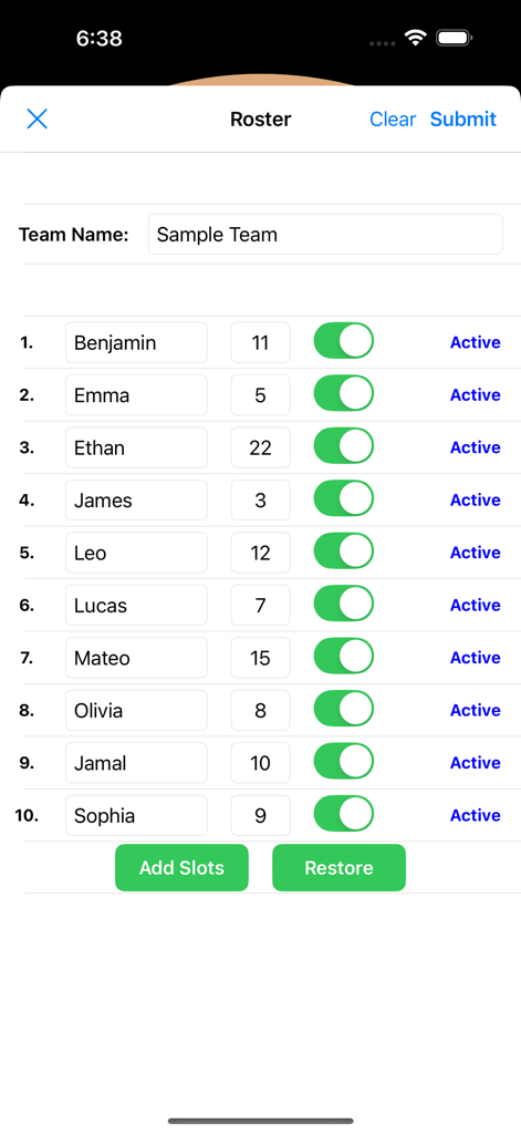 Roster management screen in the Roster Blast app showing a list of players with active toggles and jersey numbers for a sample team.