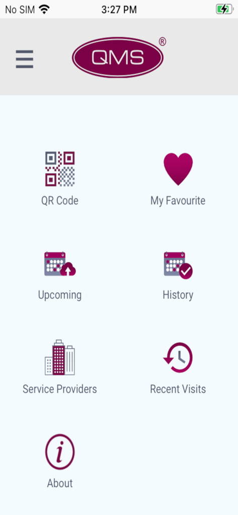 Das Haupt-Dashboard der QMS-App mit Navigationssymbolen für QR-Code, Favoriten, Bevorstehend, Verlauf, Dienstleister und letzte Besuche.