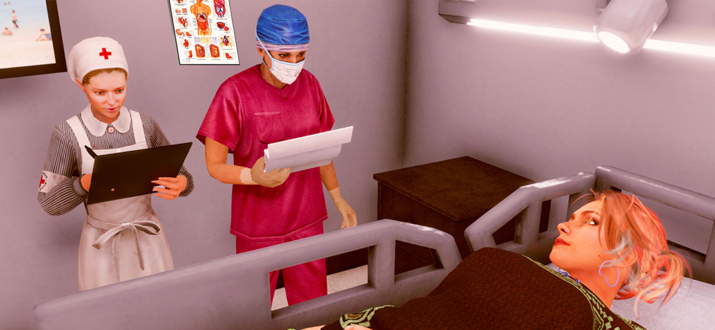 Doctor Mom Life Simulator - Virtual doctor mom and nurse attending a patient in a hospital room