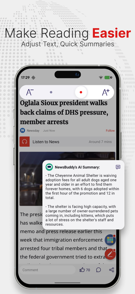 Local News -Breaking & Latest - Screenshot of the Local News app interface highlighting features to make reading easier like text size adjustment and AI generated summaries