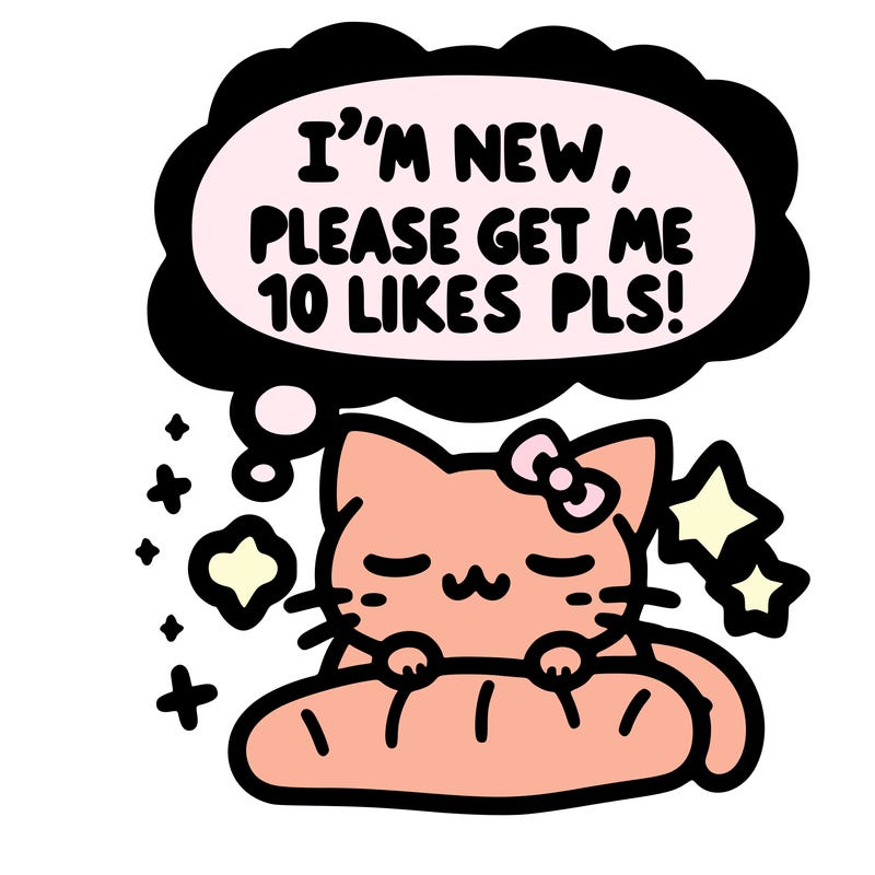 kitty taking a nap dream talking and saying "i'm new, please get me at least 10 likes pls!!"