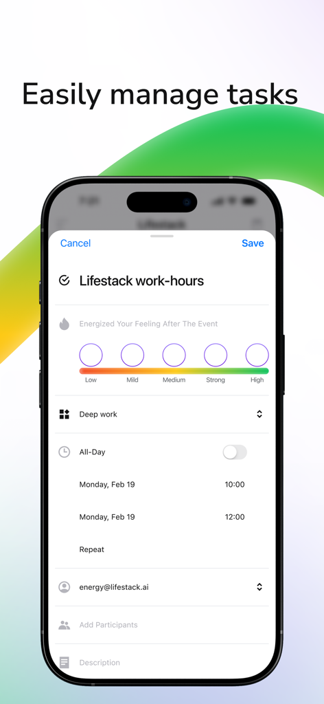 Lifestack: Circadian Planner - Lifestack app interface for managing tasks with energy level tracking and time blocking for deep work.