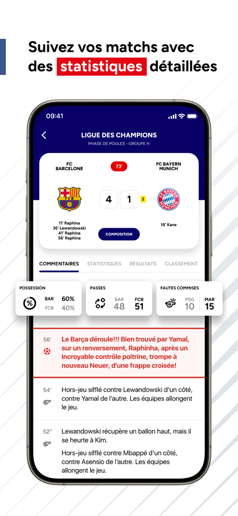 RMC Sport News app interface displaying live football scores and detailed match statistics