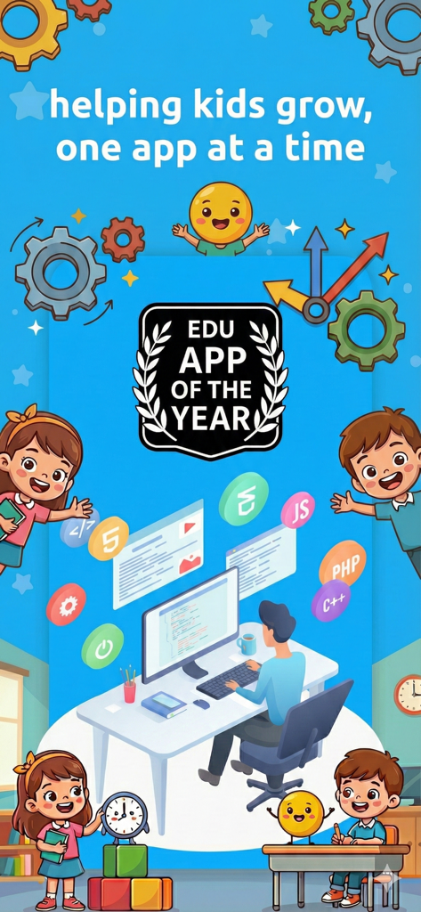 Telling Time For Kids App - Illustration of children learning with an Edu App of the Year award badge and the text helping kids grow one app at a time