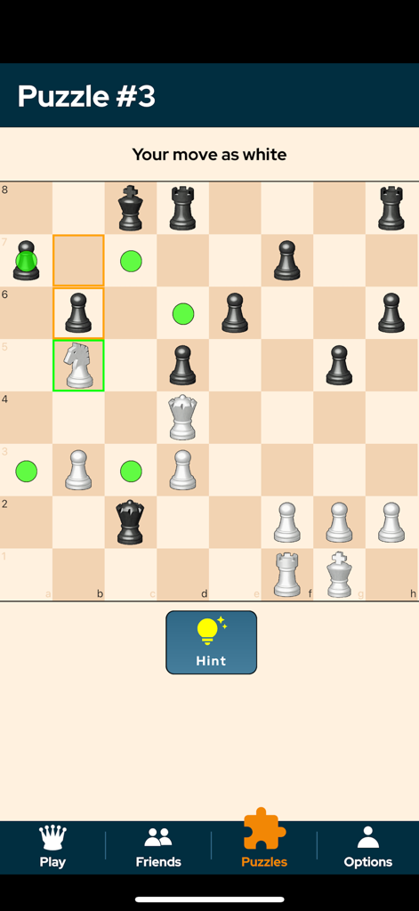Chess Online - Duel Friends! - A chess puzzle screen from the Chess Online app showing a tactical game scenario with a hint button and move suggestions.