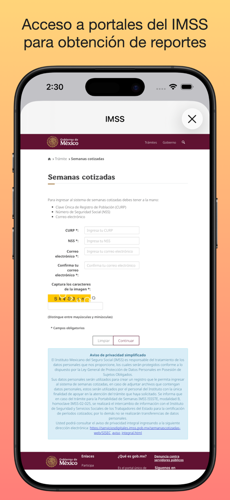 Vista móvil del portal oficial del IMSS para consultar semanas cotizadas en la app MiPensión MX