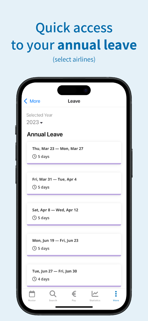 Wingman: Crew Roster - A smartphone displaying the annual leave management screen of the Wingman Crew Roster app for airline professionals.