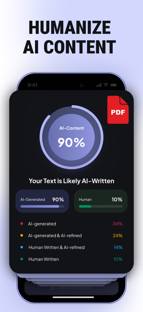 AI Detector - Text Humanizer - AI text detector app interface showing a detailed content analysis report with a 90 percent AI generated confidence score.