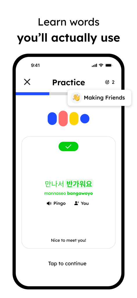 A smartphone screen showing a Korean language practice session in the Pingo AI app for the phrase Nice to meet you