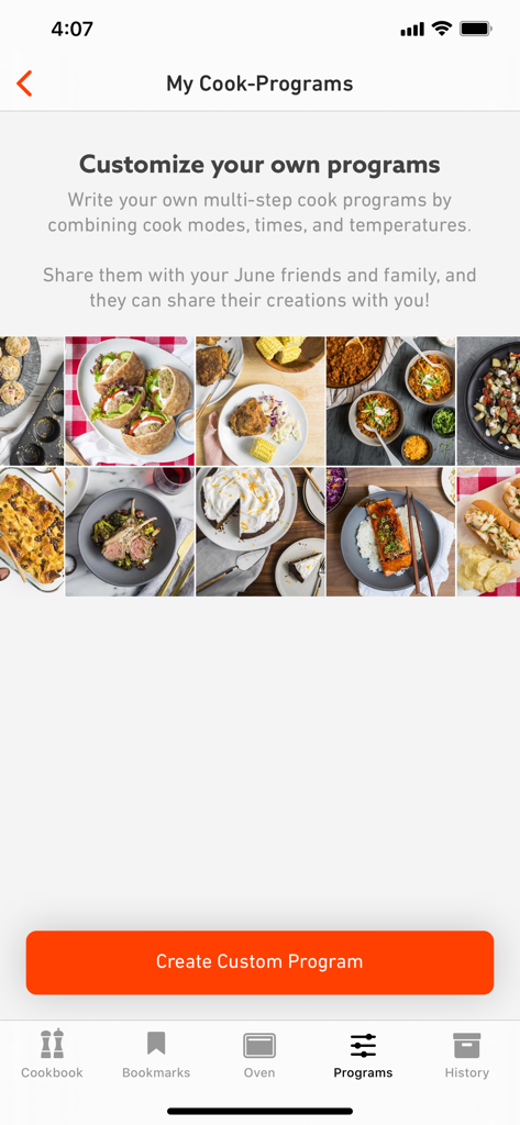 June - Interface de l'application June montrant l'écran Mes Programmes de Cuisson avec une grille de photos d'aliments et un bouton Créer un programme personnalisé