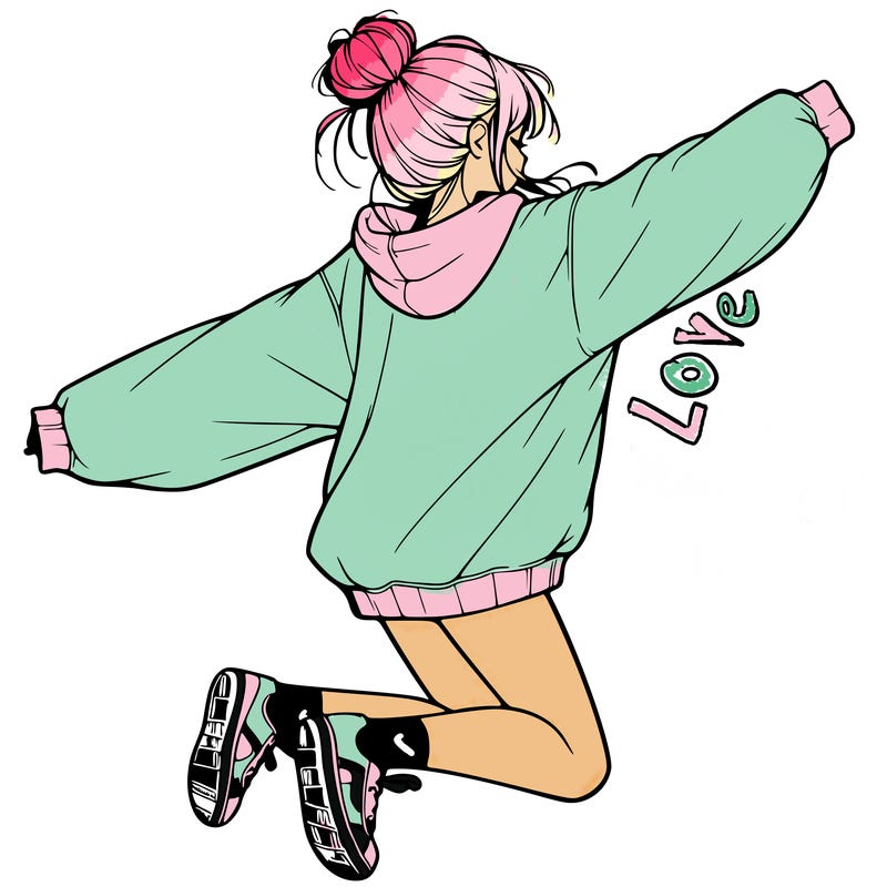 realistic girl jumping with a bun and oversized sweatshirt