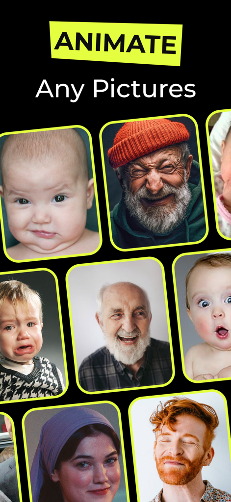 AI Hug & Kiss Video Creator - A collection of diverse portrait photos showing the app feature to animate any picture with AI