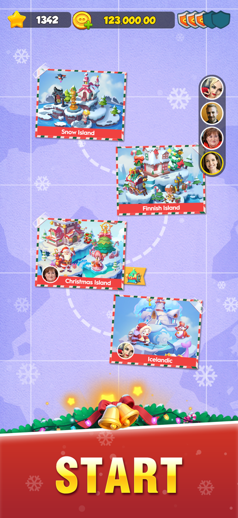 Piggy GO winter themed world map showing progression through different islands with social friend icons