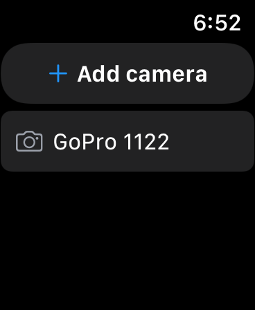 Apple Watch screen showing the goWatch app with options to add a camera and a connected GoPro 1122