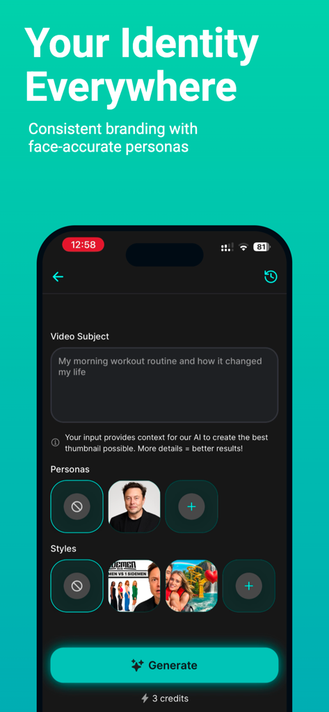 Viralth : Ai Thumbnail Maker - Interfaz de la aplicación Viralth mostrando opciones de generación de miniaturas con IA para temas y personajes de video