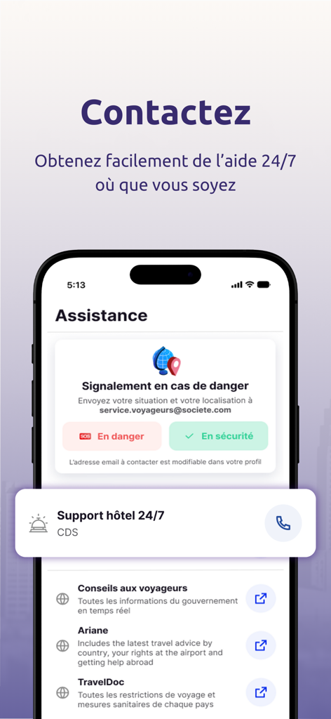 CDS App assistance screen featuring 24/7 hotel support and emergency safety check buttons for business travelers.