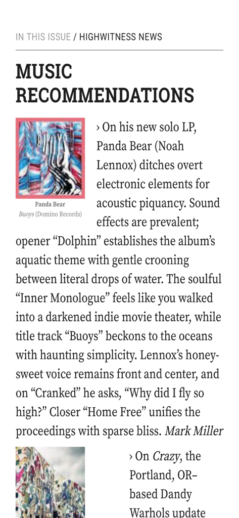 Screenshot of the High Times Magazine app showing a music recommendations section with a review of Panda Bear's album.