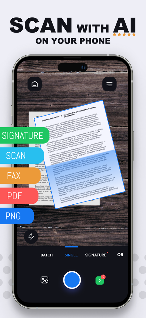 Scan Cam: Docs PDF Scanner App - Interfaz de la aplicación Scan Cam para escaneo de documentos AI de alta calidad y firmas digitales en un smartphone.