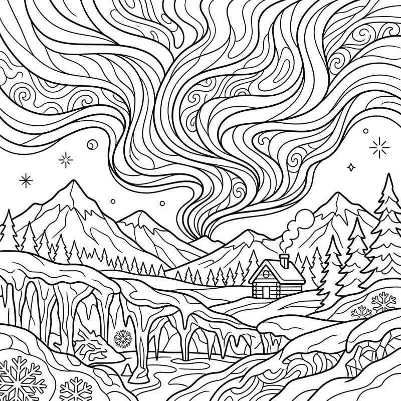 Immerse yourself in a breathtaking winter scene, where the elusive Aurora Australis dances above snow-covered peaks and a charming cabin. This intricate coloring page invites you to bring the serene beauty of a southern lights display to life.