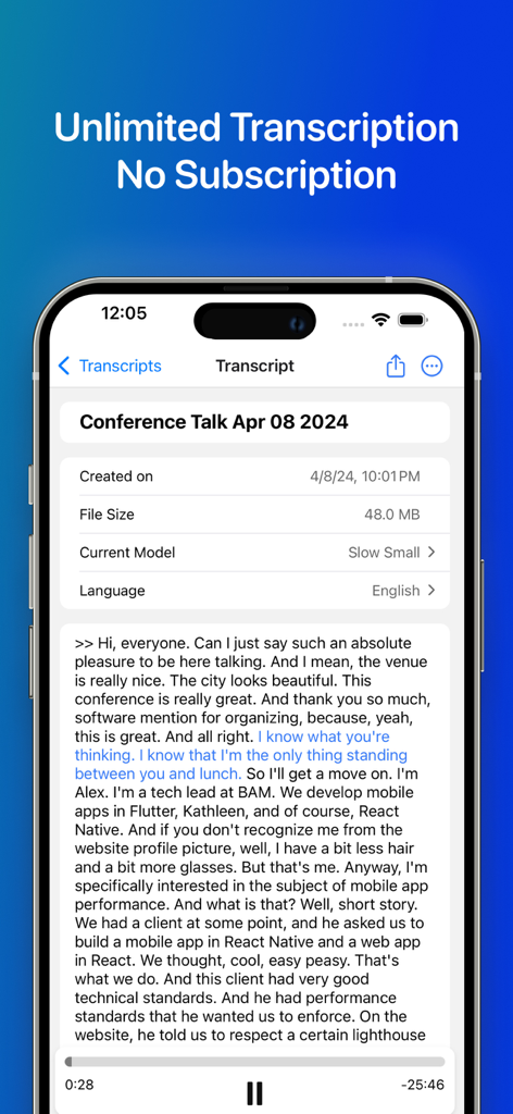 Captura de pantalla de la aplicación Transcribe Best mostrando una transcripción de una charla de conferencia en un iPhone.