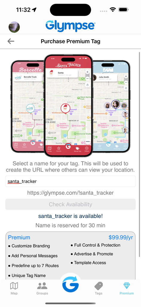 Glympse app interface showing the Purchase Premium Tag screen for custom branded location sharing links