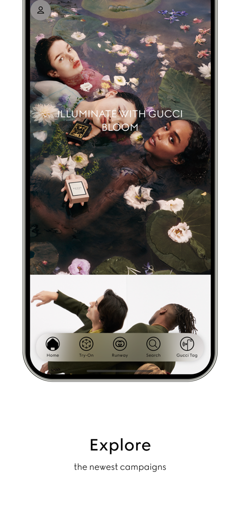 GUCCI - Gucci app home screen displaying fashion campaigns and navigation menu