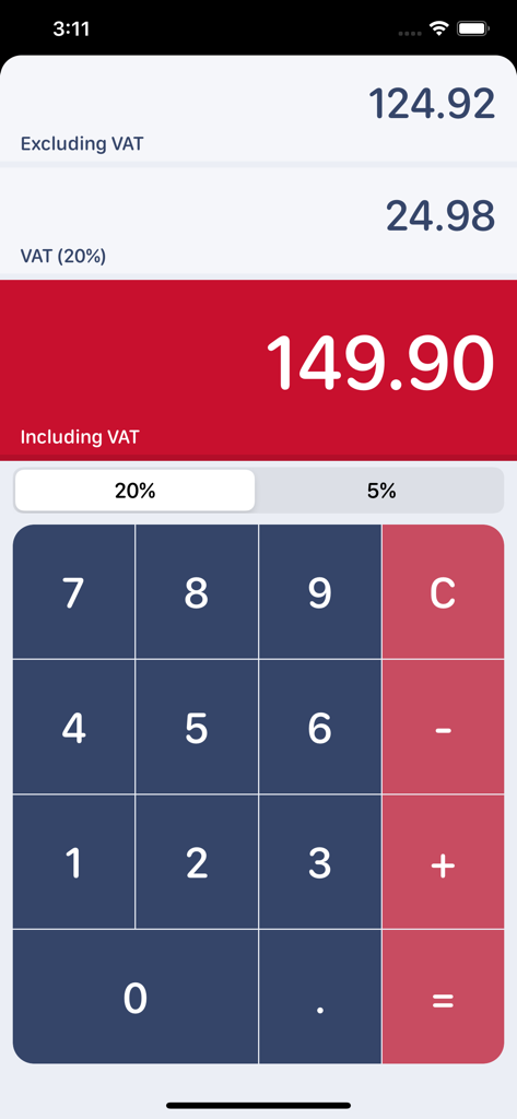 UK VAT Calculator mobile app screen showing a 20 percent tax calculation with subtotal and total including VAT