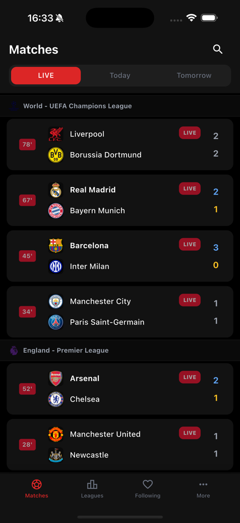 Koora Live mobile app screenshot showing live football match scores for Champions League and Premier League games on a dark interface.