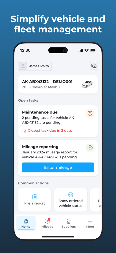 Element ONE - Mobile app screen for Element ONE showing vehicle maintenance and mileage reporting tasks.