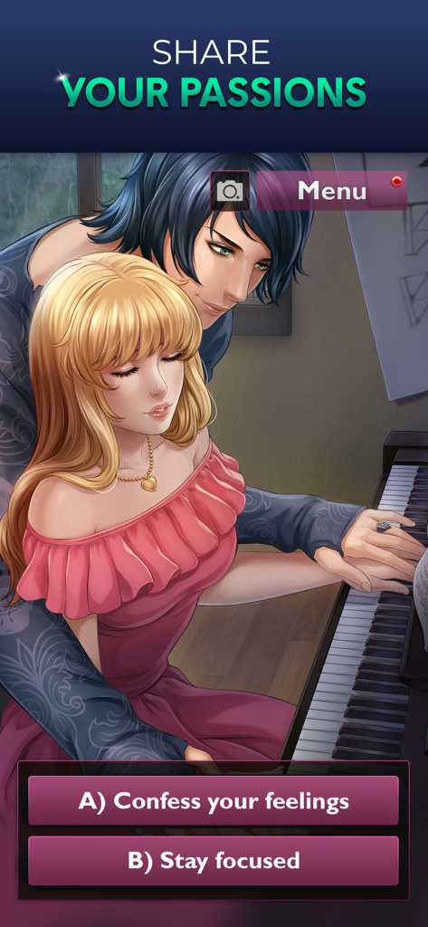 Is It Love? Peter - Vampire - A romantic interactive scene from the mobile game Is It Love? Peter - Vampire featuring a couple at a piano with dialogue choices.