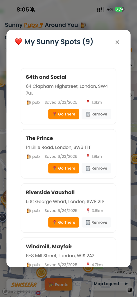 A mobile app screen titled My Sunny Spots showing a list of saved favorite pubs with their addresses and distances in London