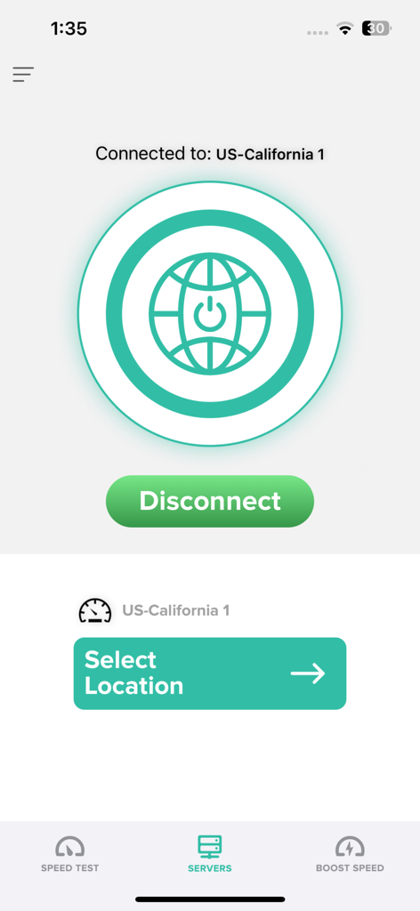 Interface do aplicativo VPN Proxy Seguro mostrando uma conexão bem-sucedida a um servidor dos EUA