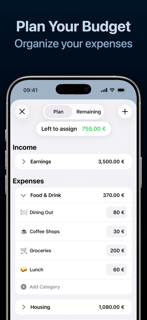 Brim 앱 스크린샷 - 소득 및 카테고리별 지출이 포함된 예산 계획 화면 표시