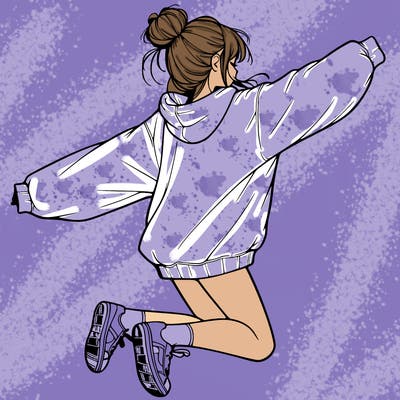 realistic girl jumping with a bun and oversized sweatshirt
