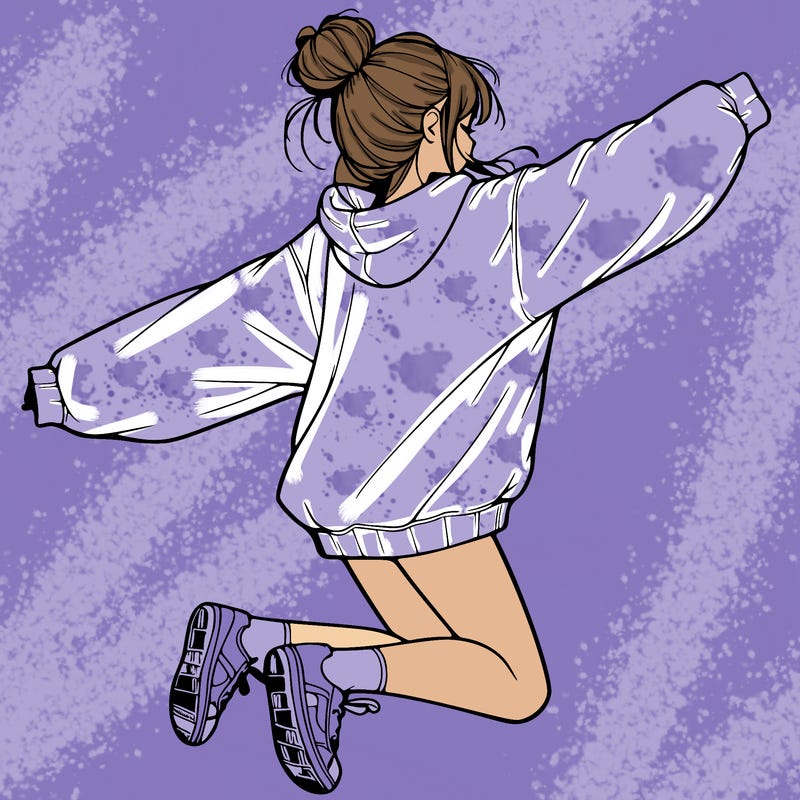realistic girl jumping with a bun and oversized sweatshirt