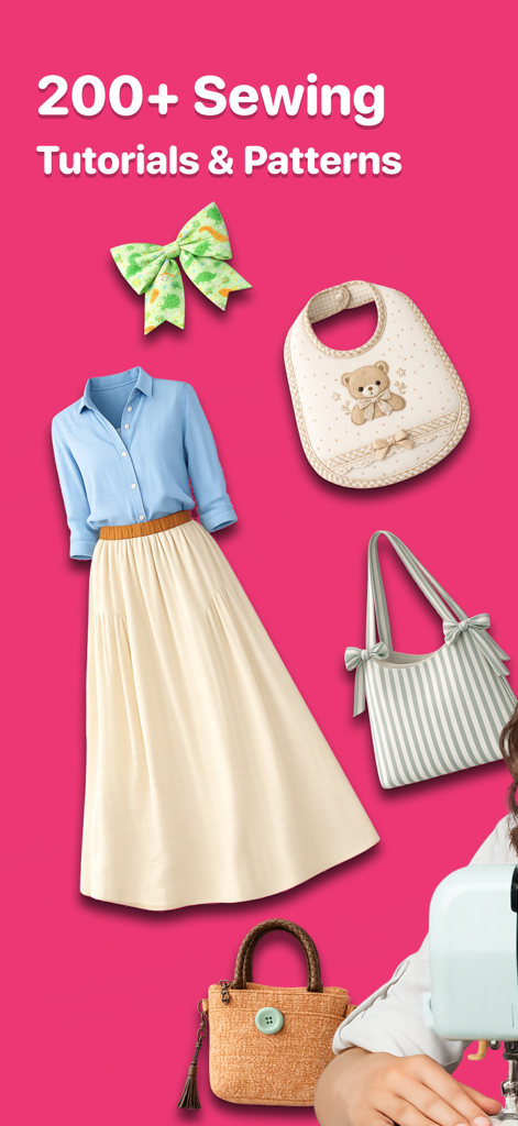 Sewie: Sewing Patterns- Stitch - Uma exibição de vários projetos de costura DIY incluindo uma saia, babador e bolsas com o título 200+ Tutoriais e Moldes de Costura