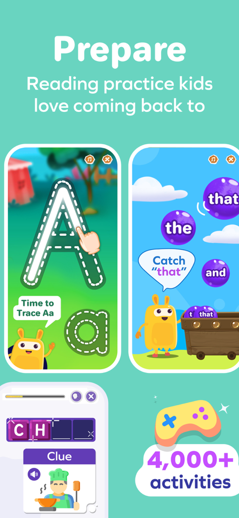 Actividades interactivas de lectura y escritura para niños en la aplicación Splash Reading.