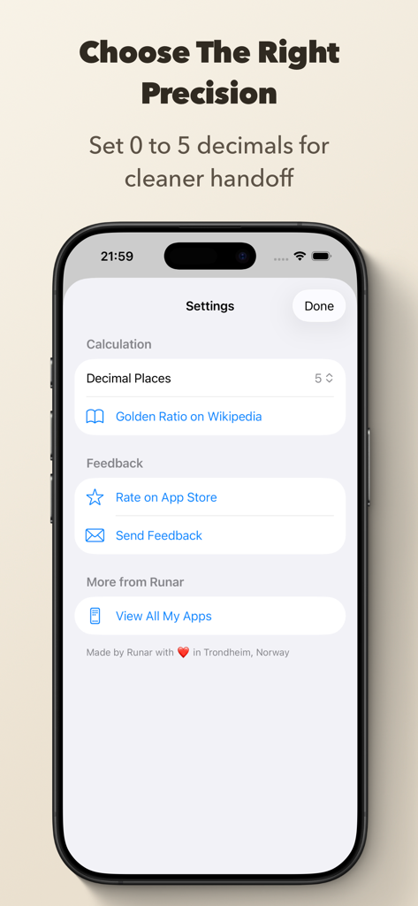 Golden Ratio Calculator++ - Settings screen of the Golden Ratio Calculator app showing the option to adjust decimal places for high-precision design handoffs