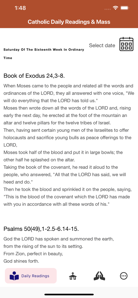 Catholic Daily Readings & Mass - Catholic app screen showing daily mass readings from the Book of Exodus and Psalms