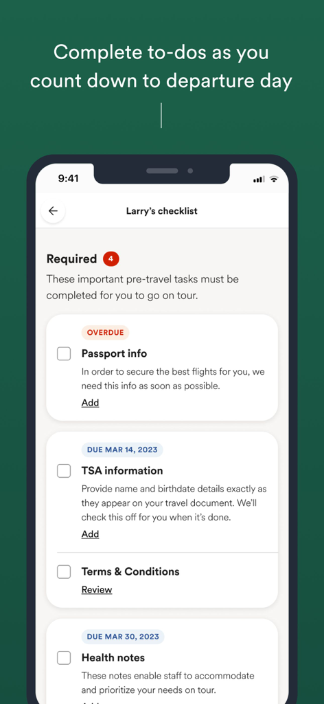 EF Go Ahead Tours - A mobile app interface displaying a pre-travel checklist for tour preparation.