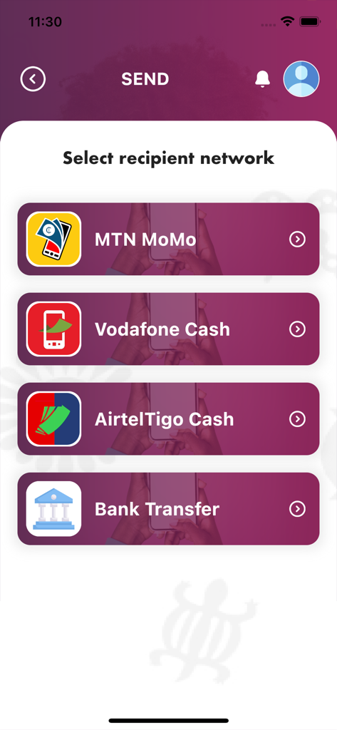 FlexiPAY App - FlexiPAY app interface to select a recipient network for sending money with options for MTN MoMo Vodafone Cash AirtelTigo and Bank Transfer