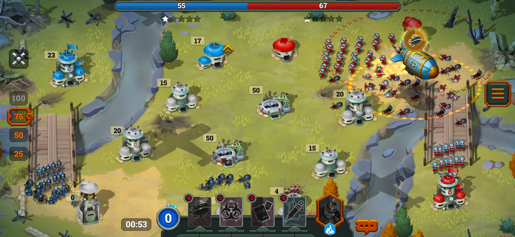 Bunker Wars: WW1 RTS - Batalha de estratégia em tempo real em Bunker Wars WW1 mostrando bunkers, movimentação de tropas e um ataque de zepelim.