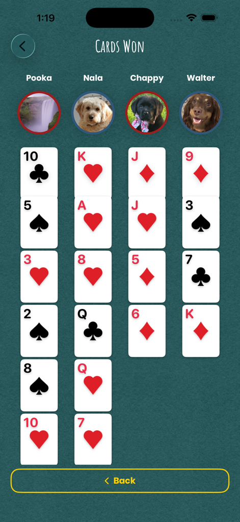 iPitch - A screen in the iPitch app showing cards won by four players with custom avatars.