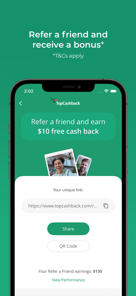 TopCashback app screen for referring a friend to earn a ten dollar cash back bonus