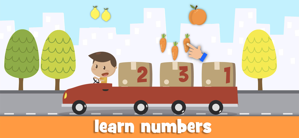Juego educativo para que los niños aprendan números clasificando frutas y verduras en un camión.